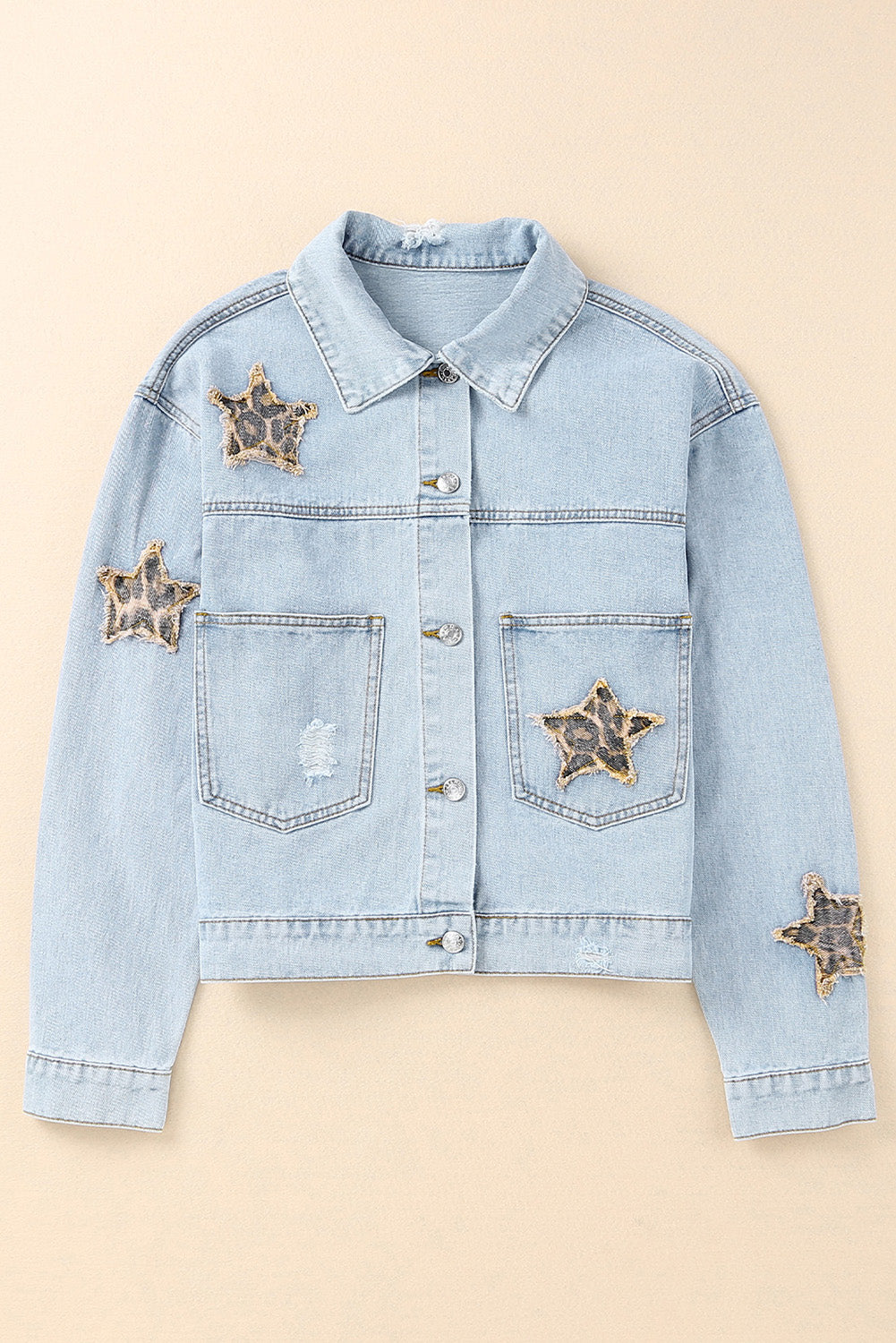 Leopard Star Distressed Cropped Denim Jacket