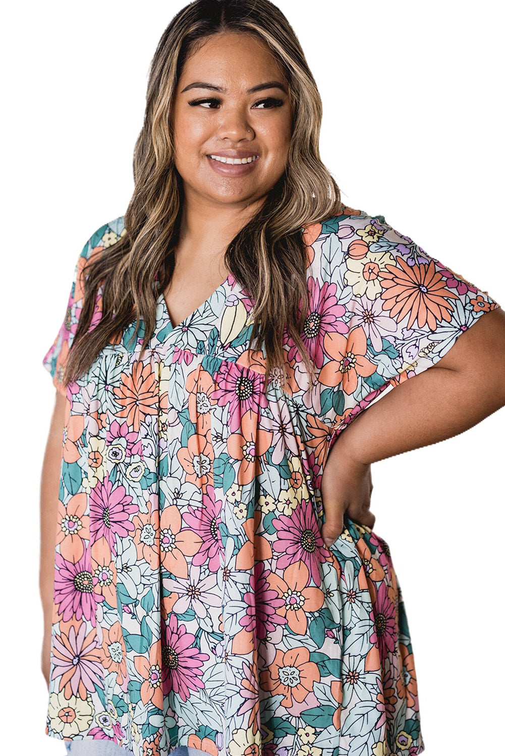 Multicolor Plus Size Summer Floral Print V Neck Blouse