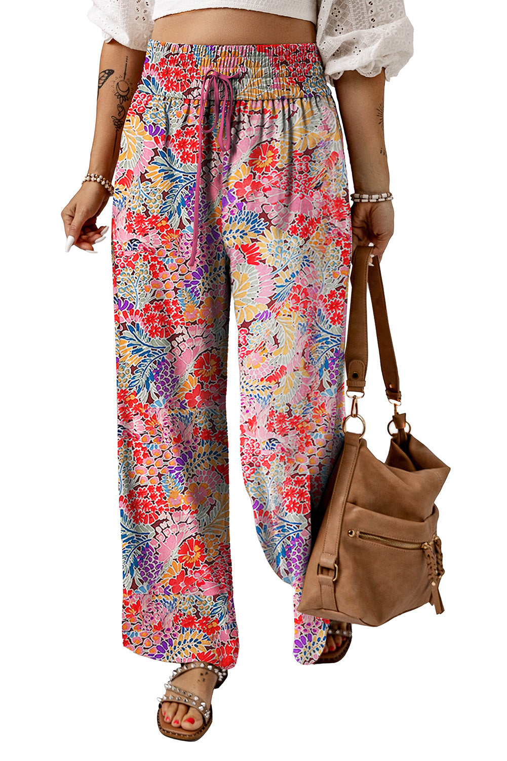 Gorgeous Print Drawstring Smocked High Waist Pants