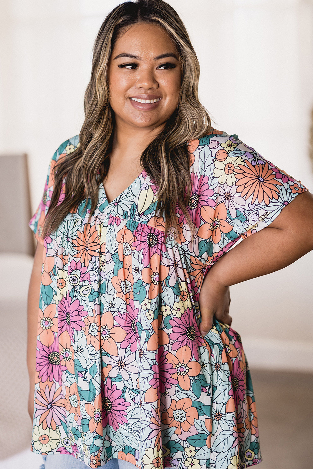 Multicolor Plus Size Summer Floral Print V Neck Blouse