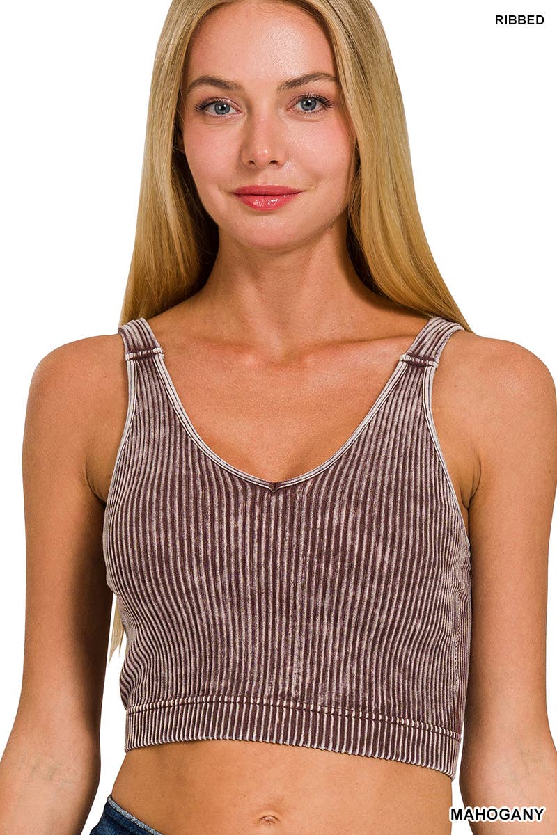 Washed Ribbed Cropped Bra Padded Tank Top