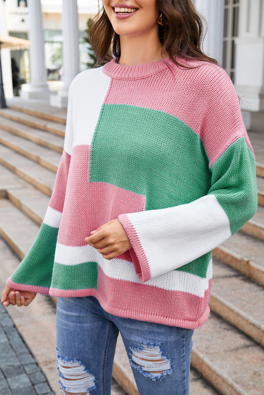 Colorblock Drop Shoulder Bell Sleeve Sweater