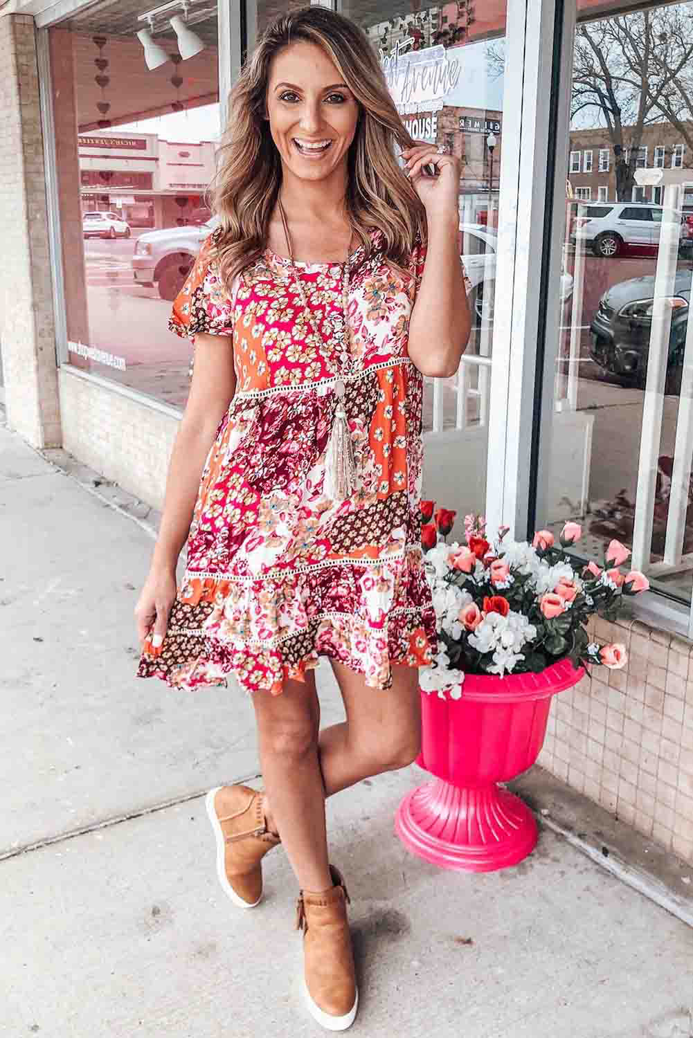 Multicolor Vintage Boho Print Short Sleeve Shift Dress