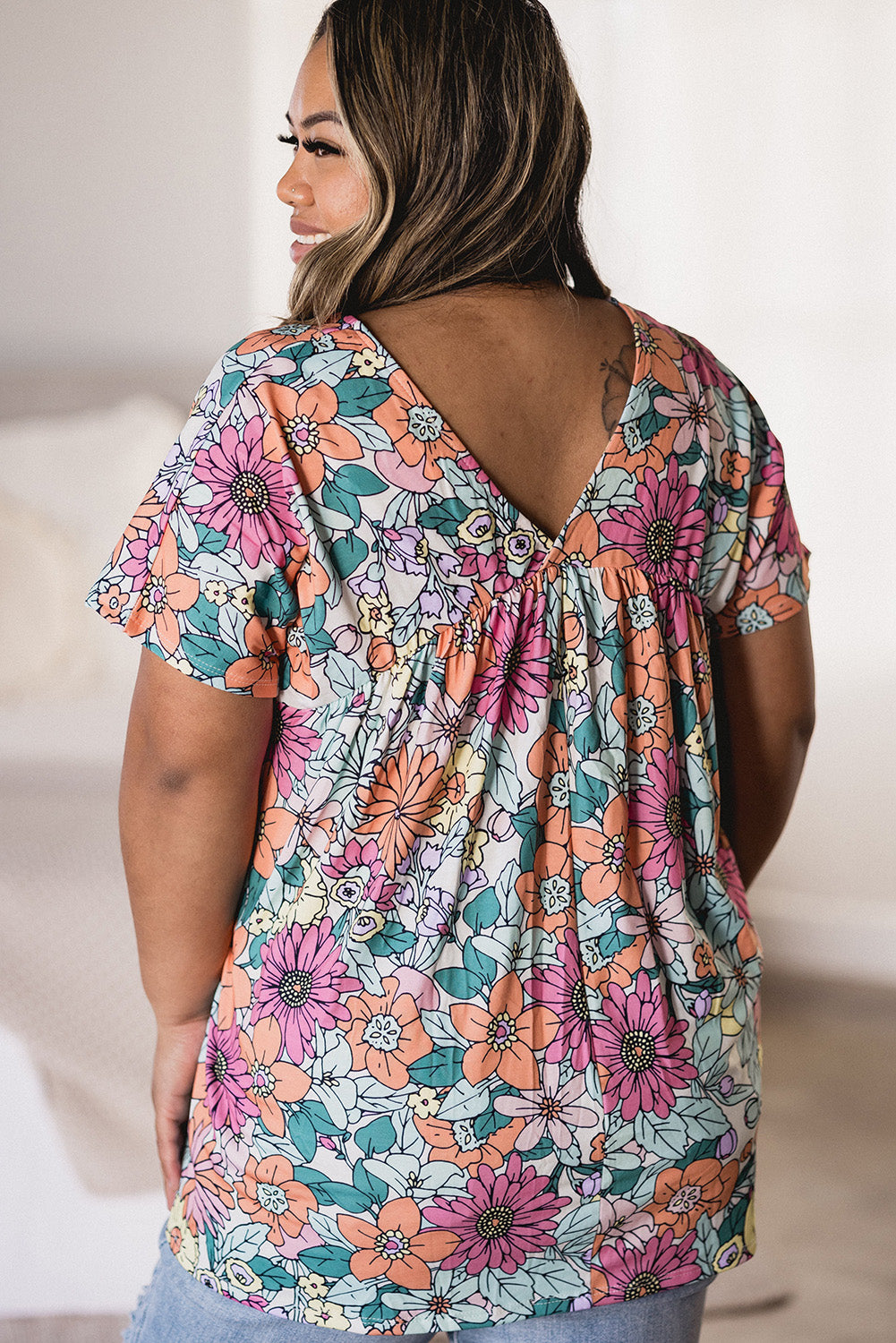 Multicolor Plus Size Summer Floral Print V Neck Blouse