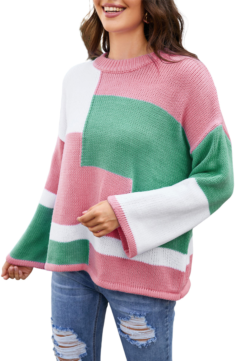 Colorblock Drop Shoulder Bell Sleeve Sweater