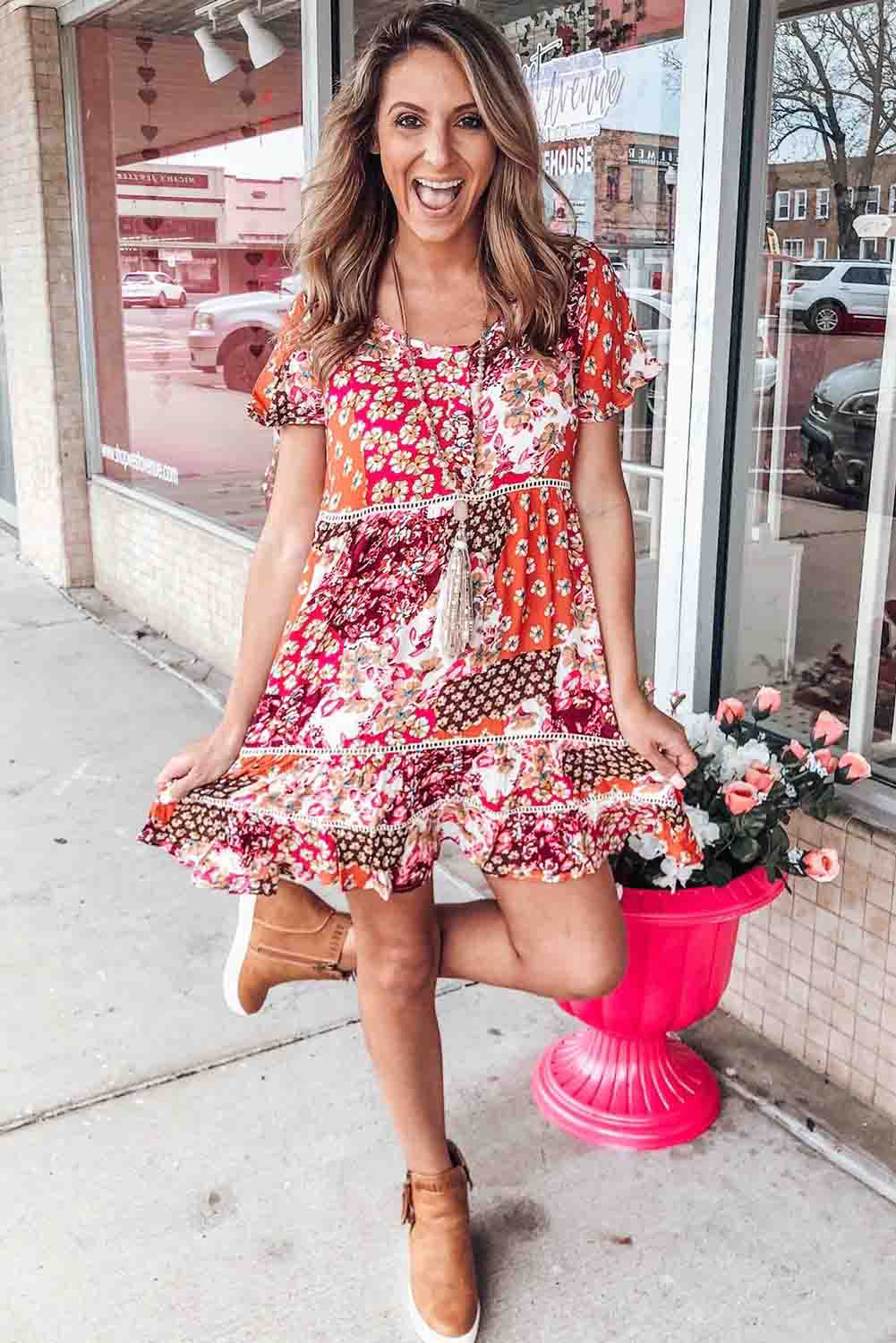 Multicolor Vintage Boho Print Short Sleeve Shift Dress