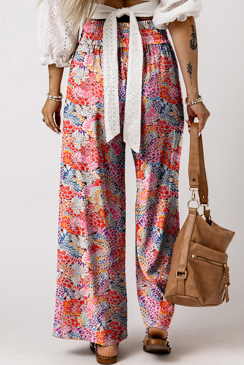 Gorgeous Print Drawstring Smocked High Waist Pants