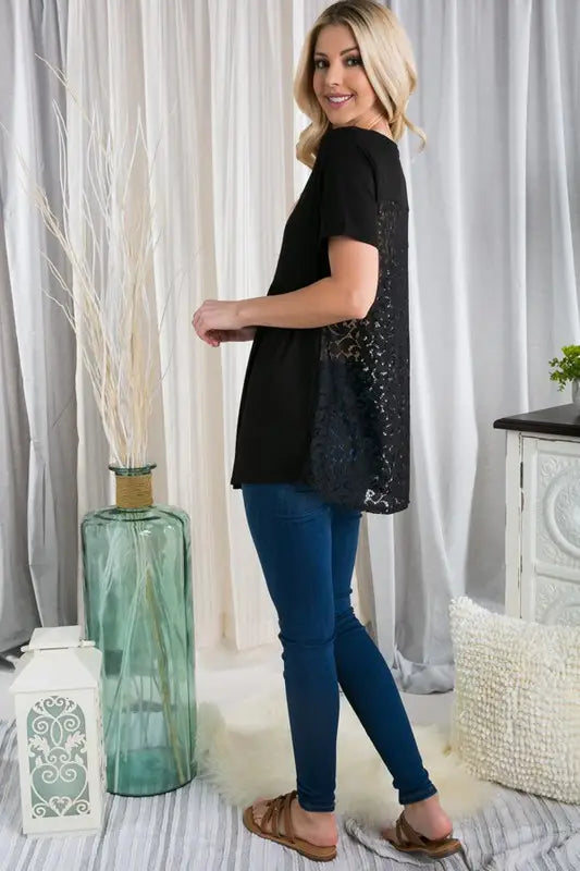 ST2047-10 Solid Babydoll Top With Lace Back