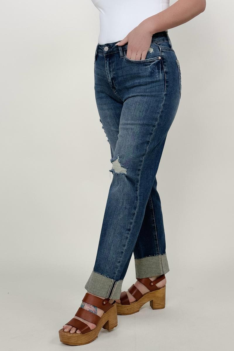 Judy Blue Mid-Rise Destroy & Single Cuff Dad Jean Straight Jeans