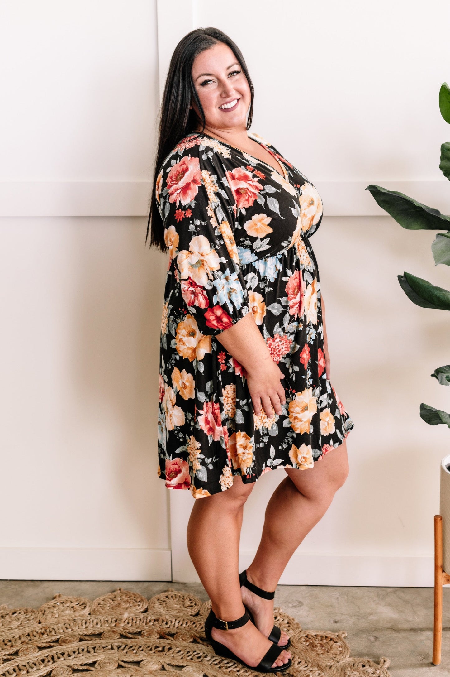 Empire Waist Dress With Tie Back Detail In Black & Warm Florals
