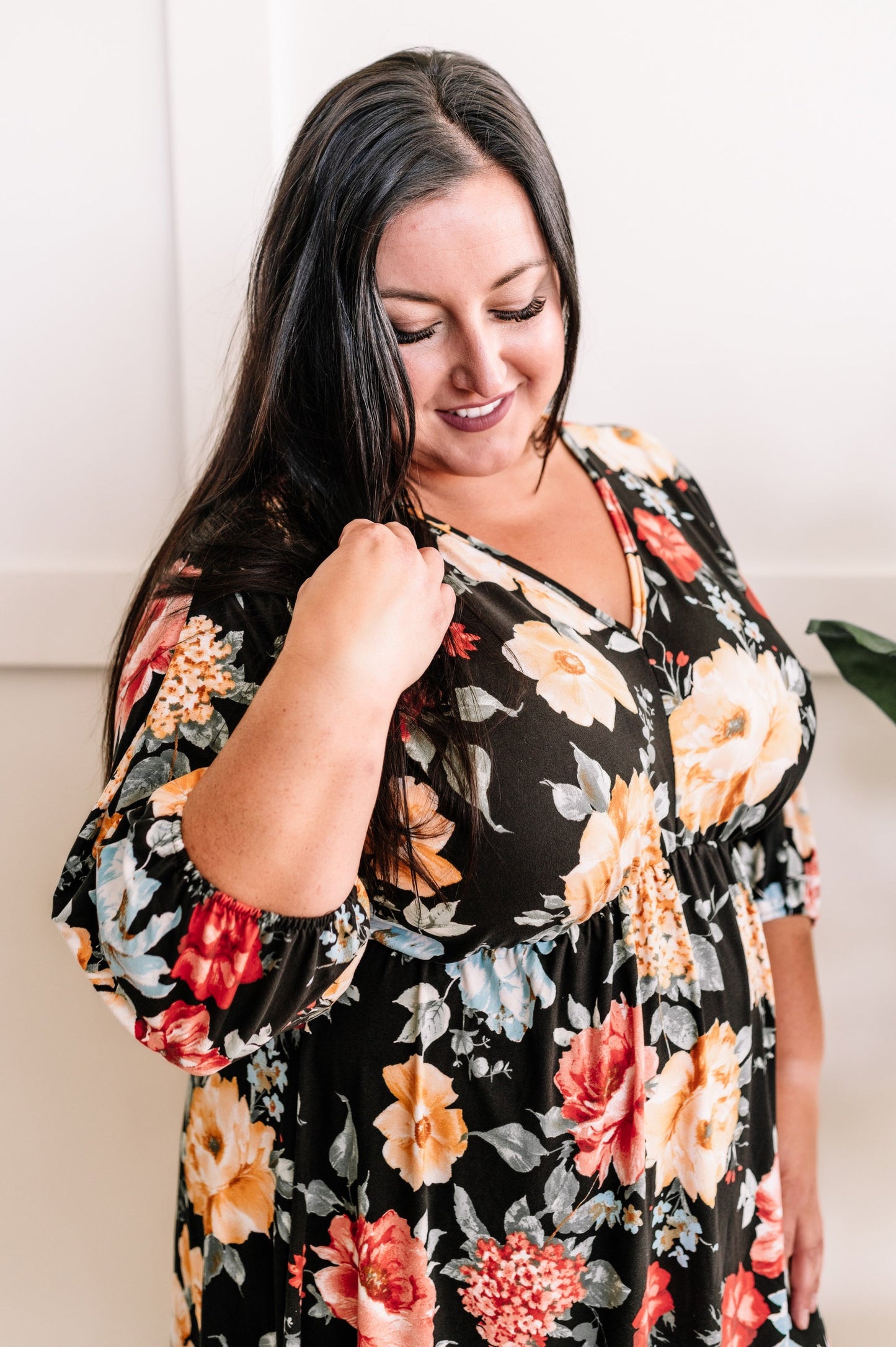 Empire Waist Dress With Tie Back Detail In Black & Warm Florals