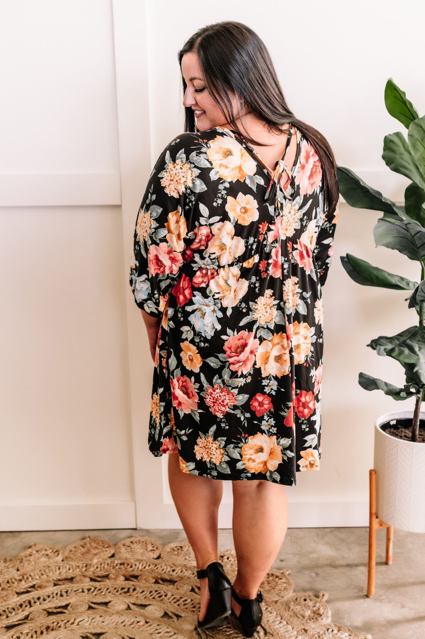 Empire Waist Dress With Tie Back Detail In Black & Warm Florals