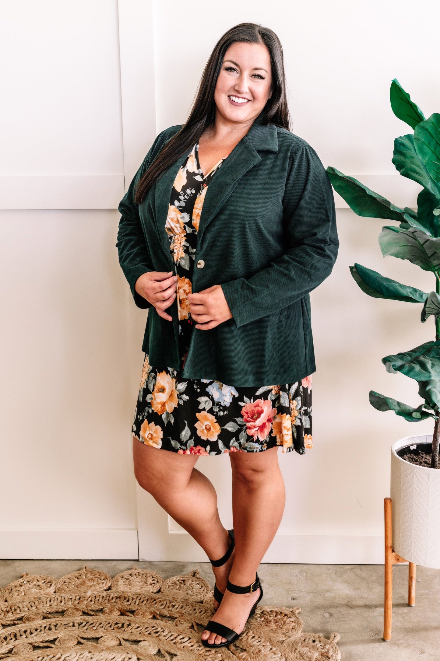 Empire Waist Dress With Tie Back Detail In Black & Warm Florals