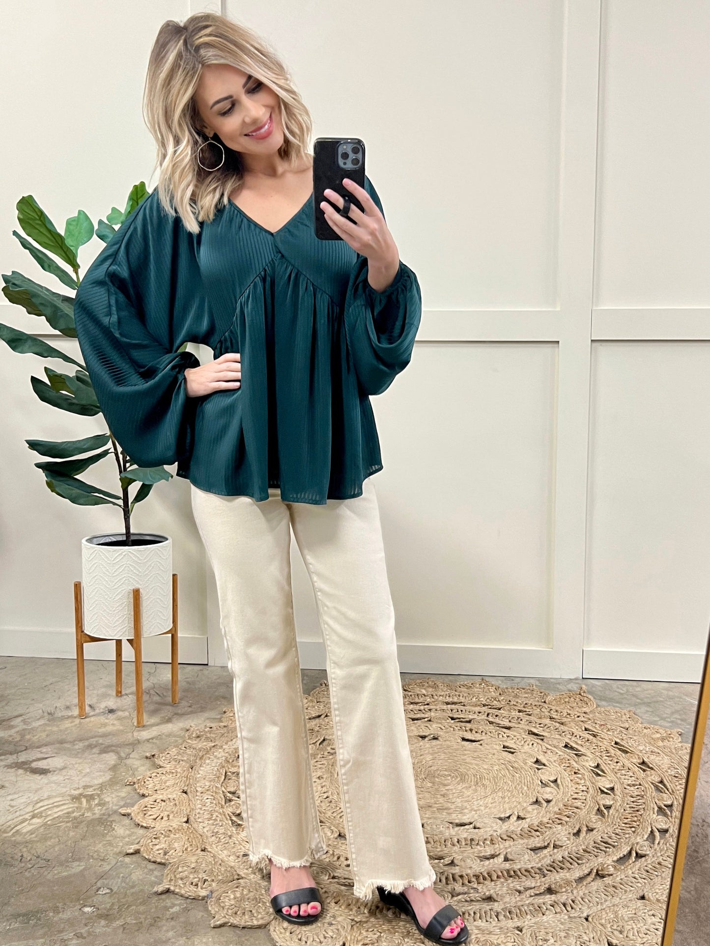 Elegant Shadowed Blouse With Tie Back Detail In Midnight Emerald