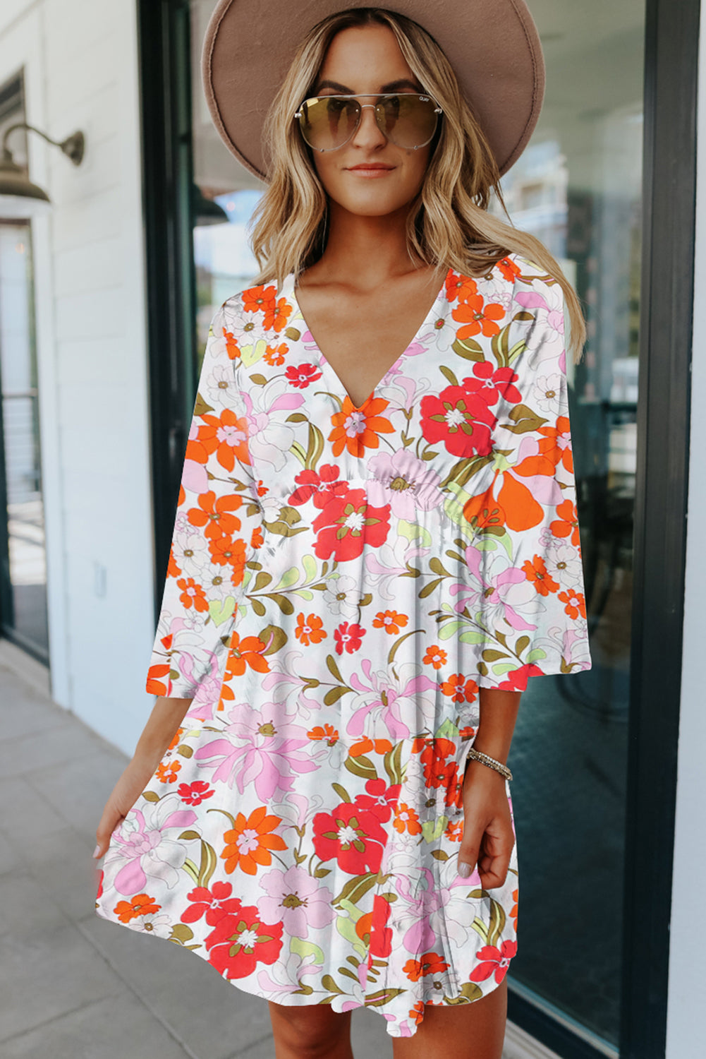 V Neck 3/4 Sleeve Floral Dress