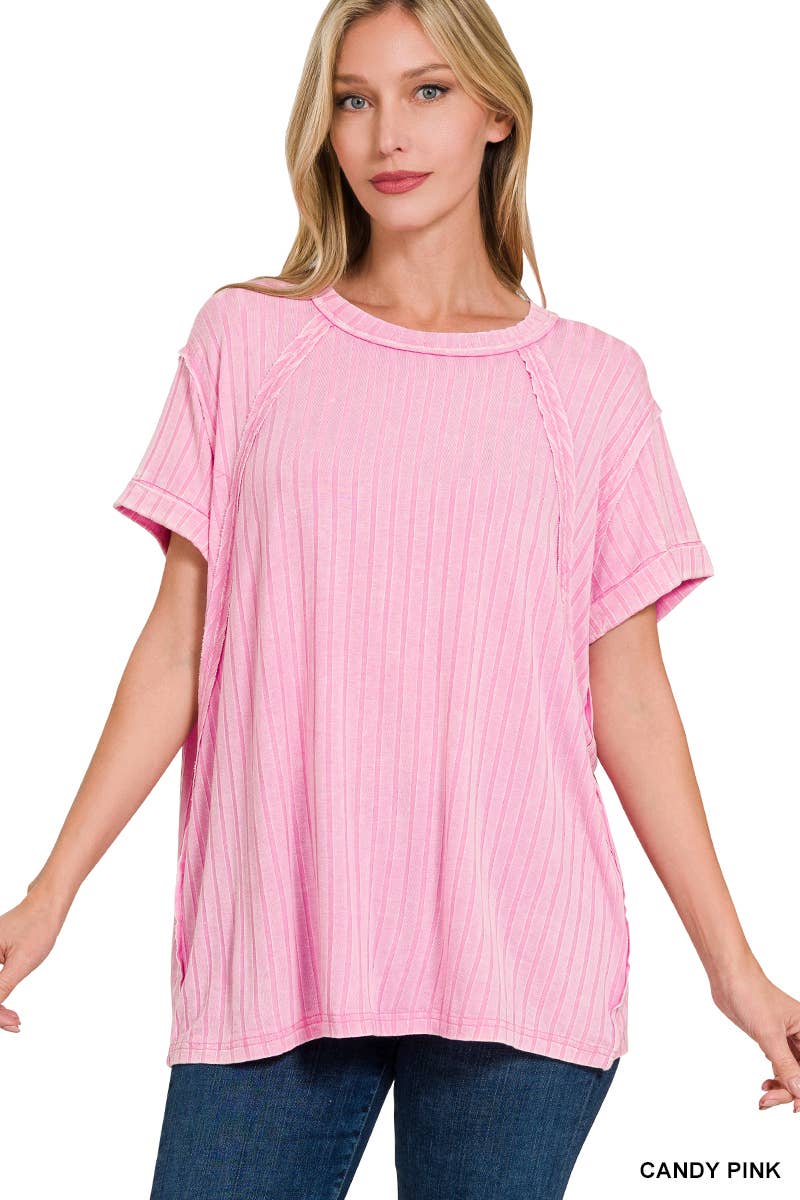 RIBBED RAGLAN DOLMAN SLEEVE BOAT-NECK TOP: HOT PINK-