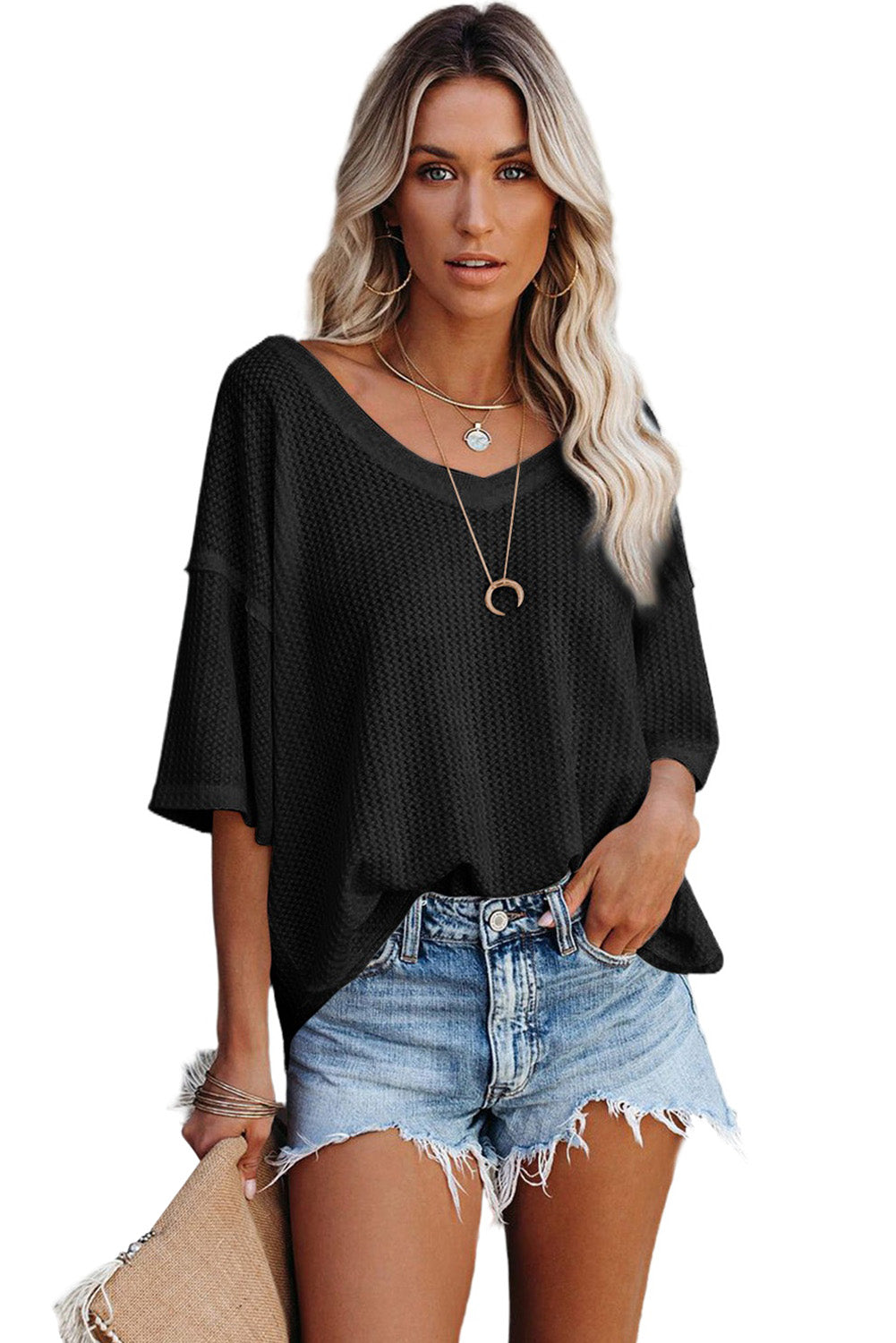 Waffle Knit Drop Shoulder Loose Top