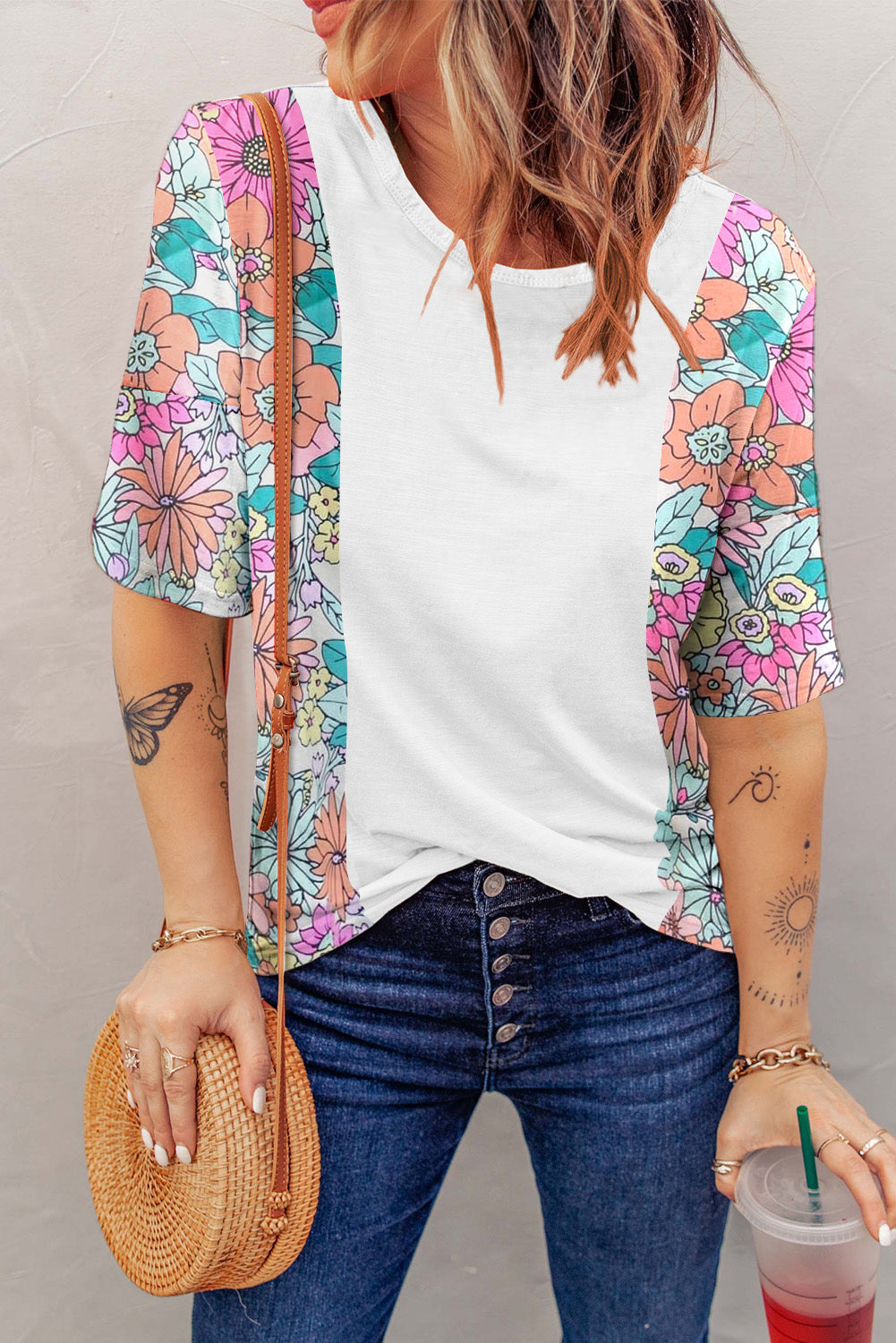 Floral Print Patchwork Short Sleeve Top