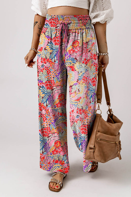 Gorgeous Print Drawstring Smocked High Waist Pants