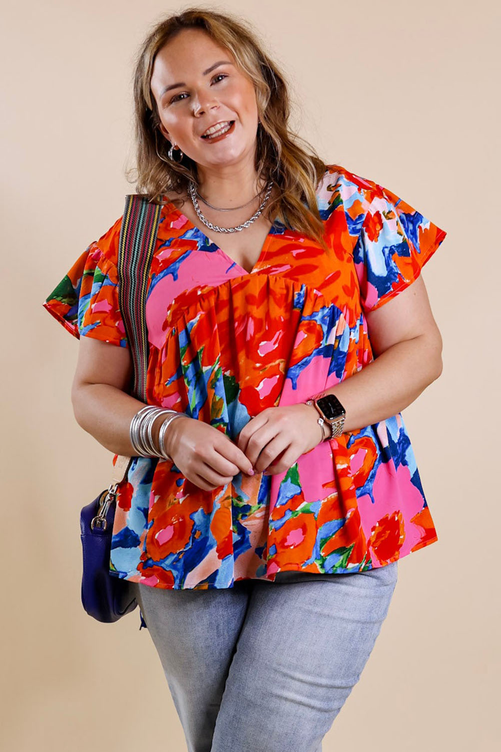 Abstract Floral Print V Neck Plus Blouse