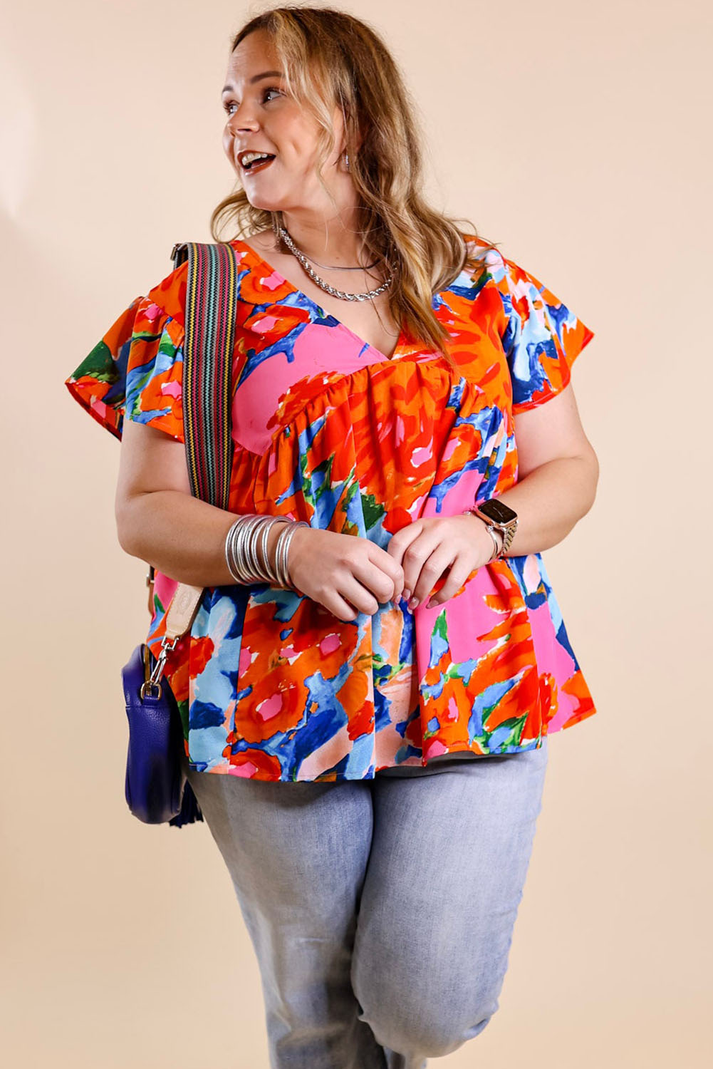 Abstract Floral Print V Neck Plus Blouse