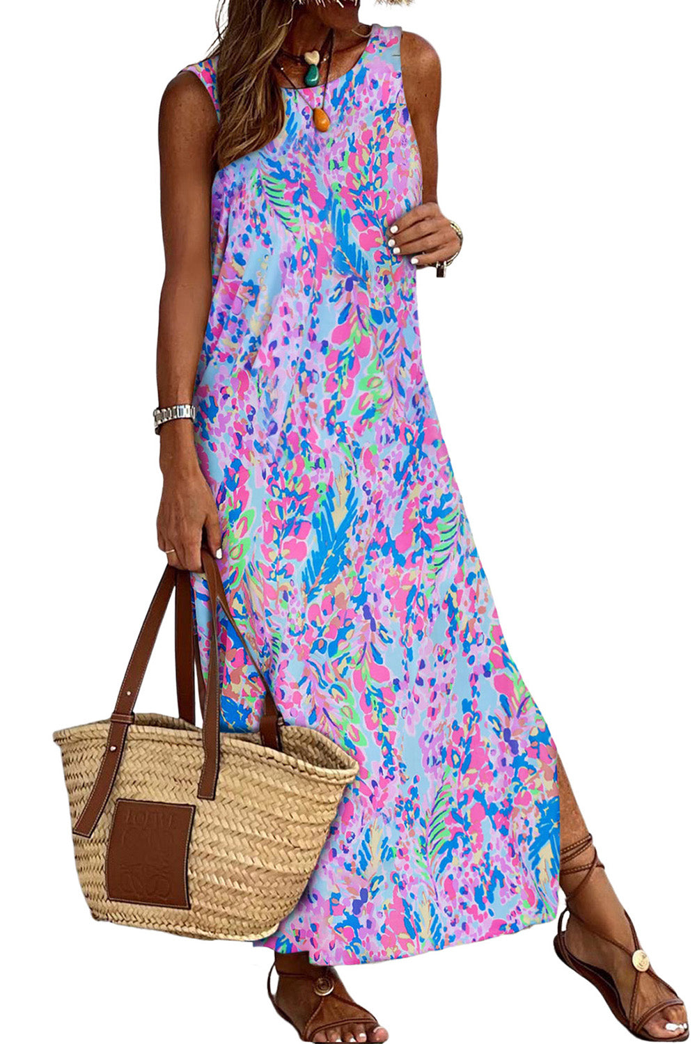 Abstract Floral Print Sleeveless Maxi Dress