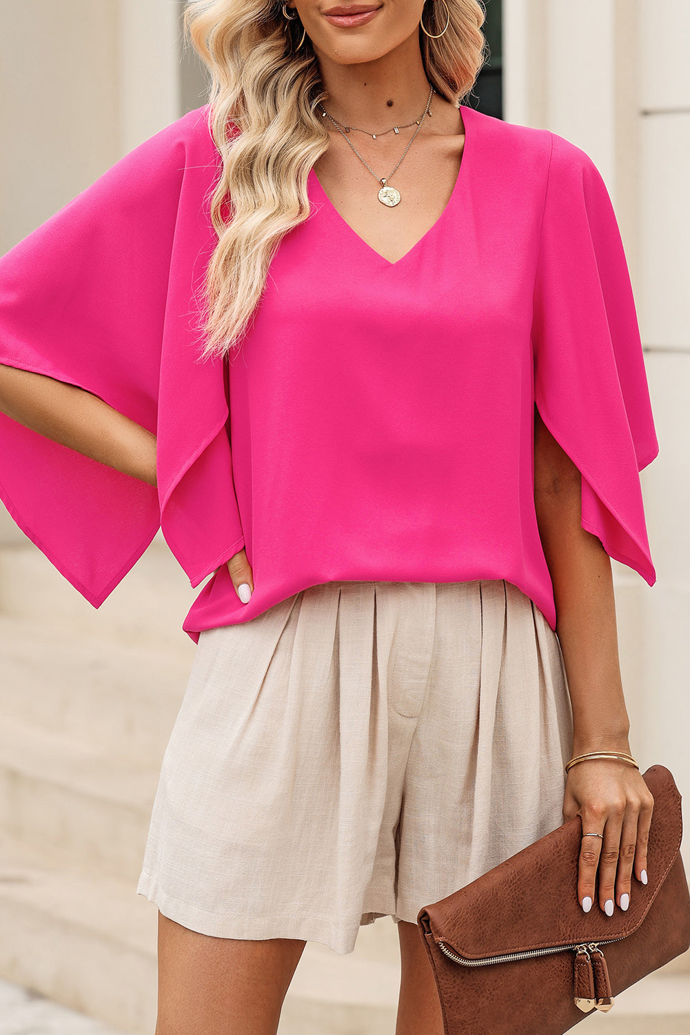 Plain Flounce Bell Sleeve V Neck Blouse