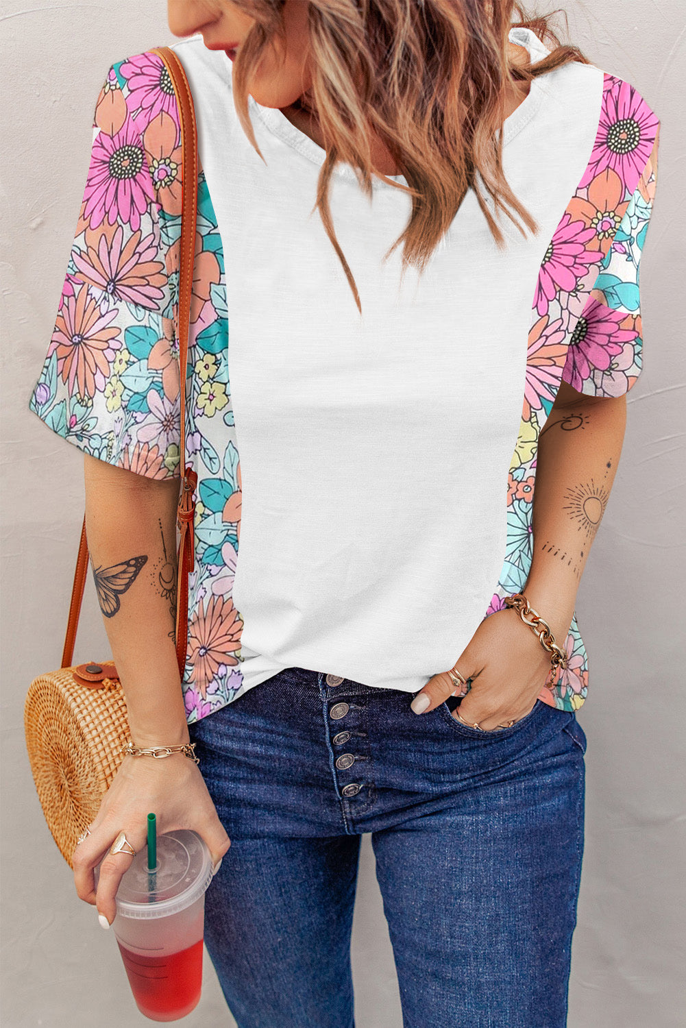 Floral Print Patchwork Short Sleeve Top