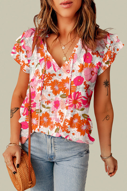 Multicolor Split V Neck Ruffle Sleeve Floral Blouse