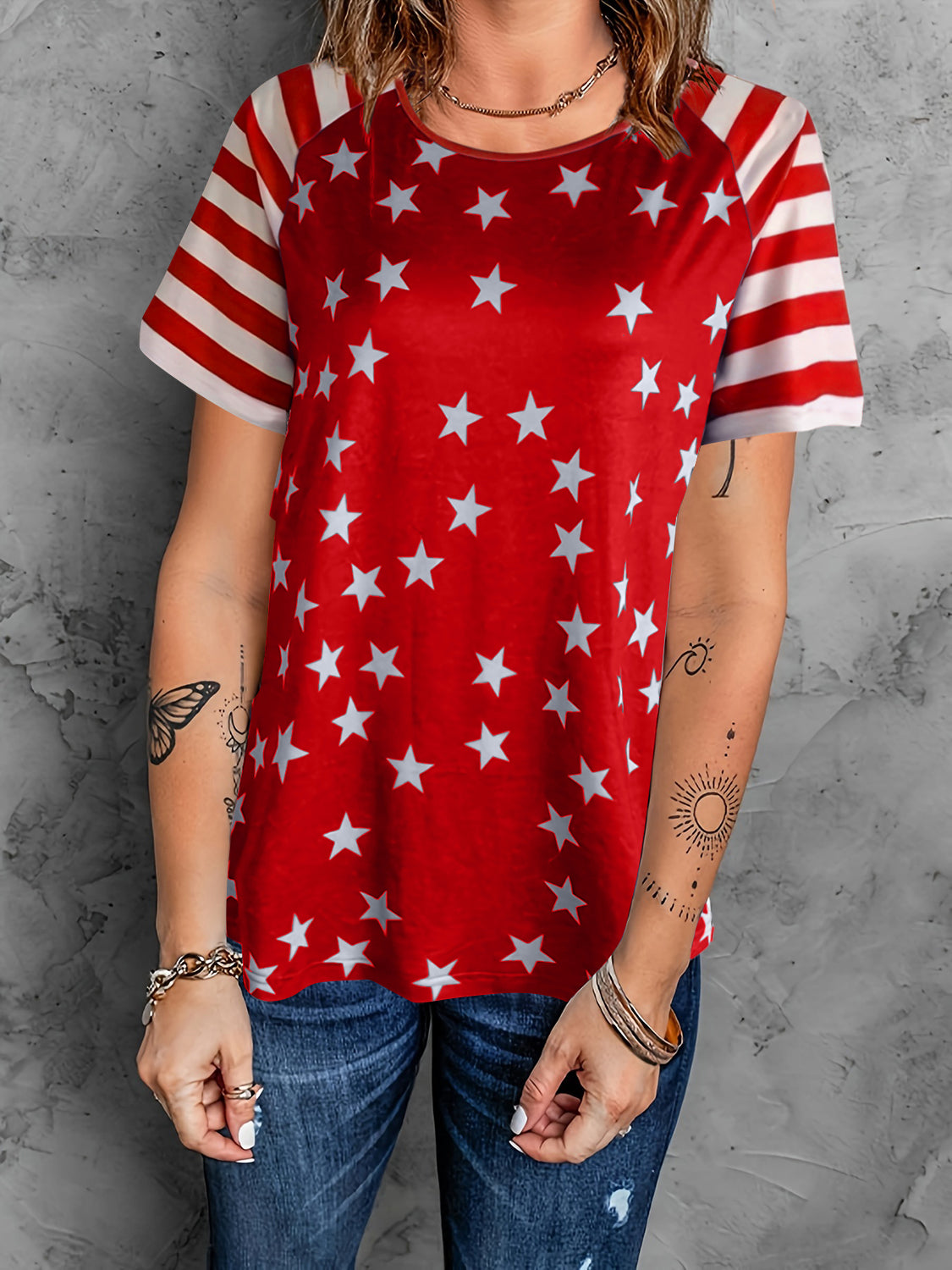 Full Size Star Striped Round Neck Short Sleeve T-Shirt