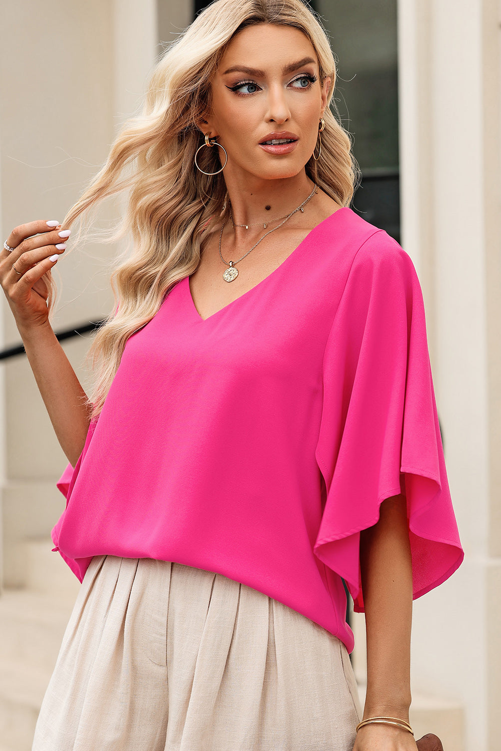 Plain Flounce Bell Sleeve V Neck Blouse