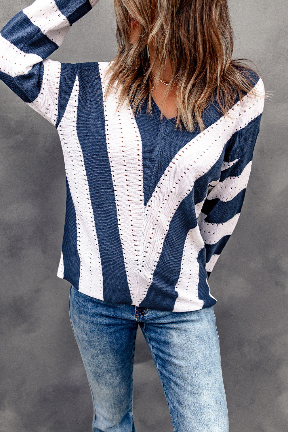 Blue Striped Colorblock V Neck Knitted Sweater