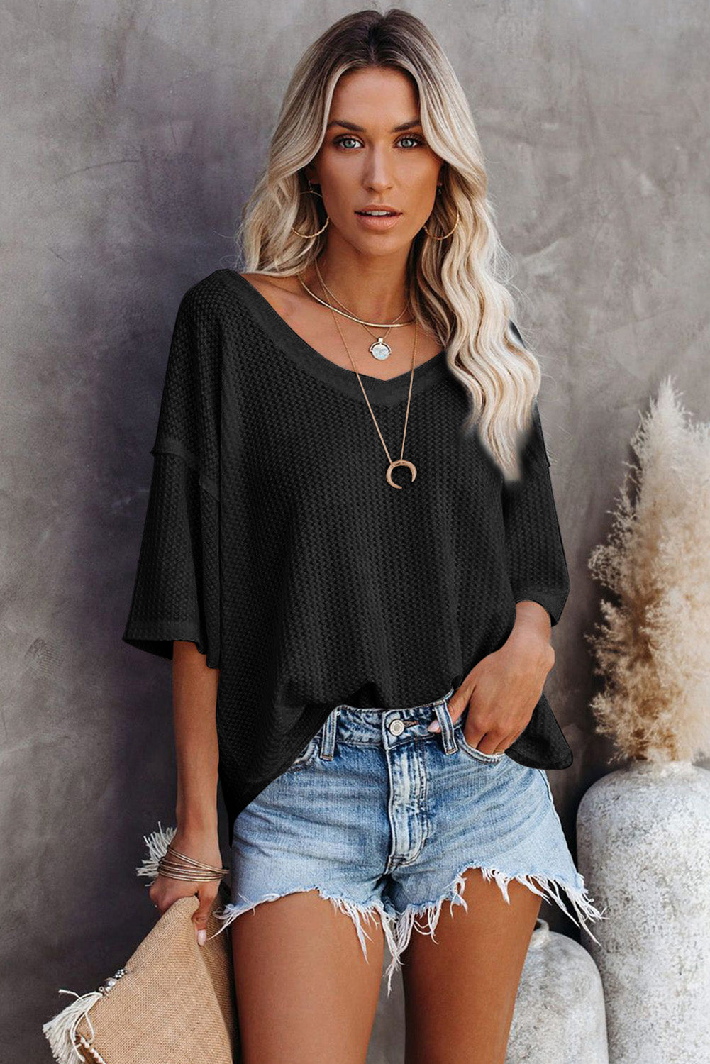 Waffle Knit Drop Shoulder Loose Top