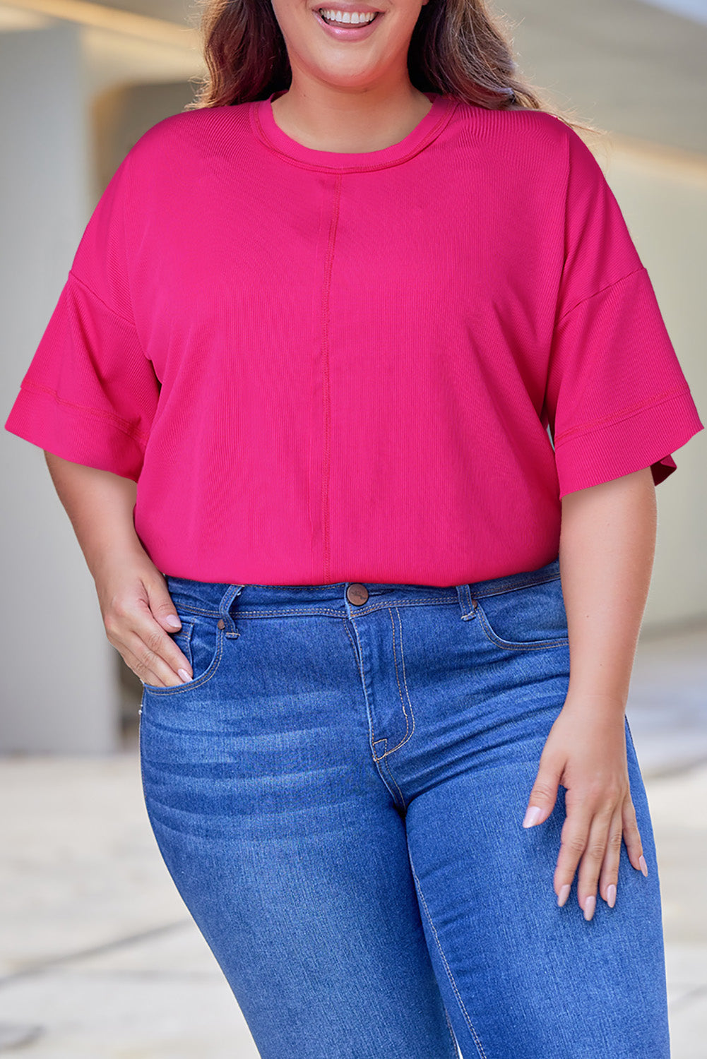 Plus Size Ribbed 3/4 Sleeves Flowy Top