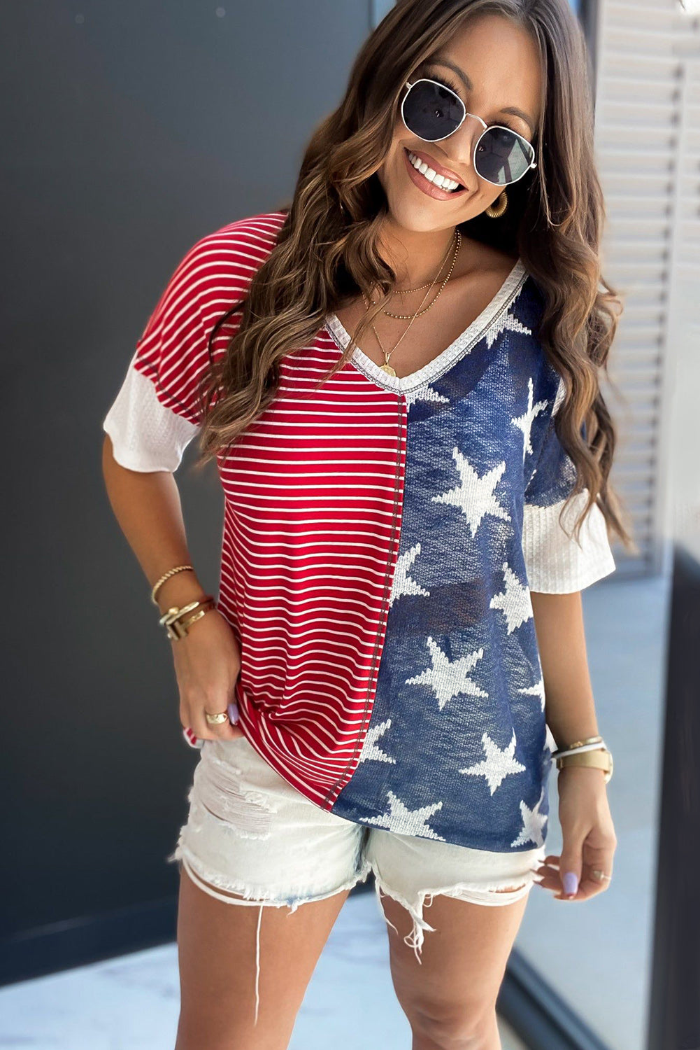 Multicolor Stripes Stars Print Knit Short Sleeves Top