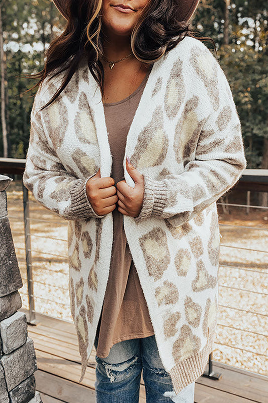 Beige Plus Size Leopard Pattern Cardigan