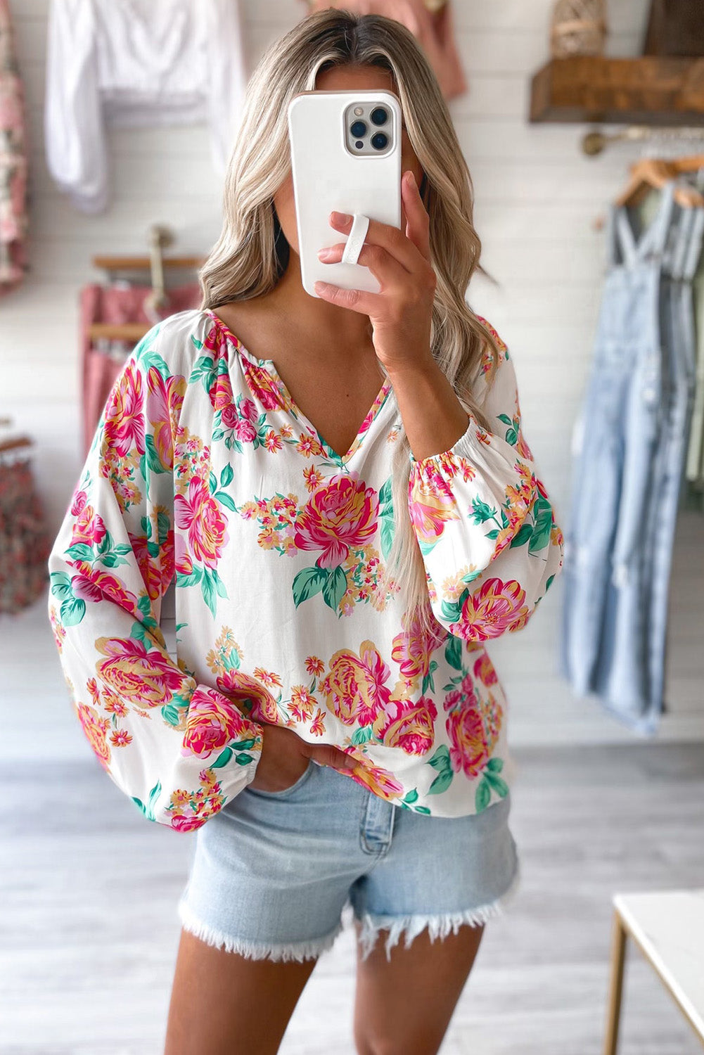 Notch V Neck Floral Pleated Puff Sleeve Blouse