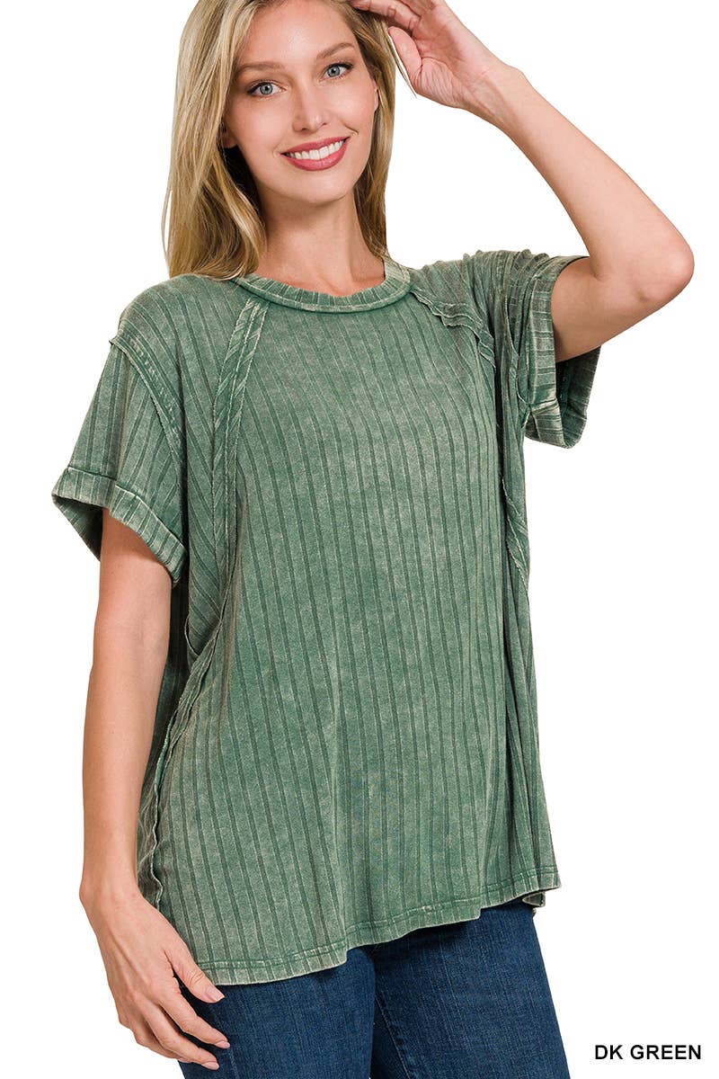 RIBBED RAGLAN DOLMAN SLEEVE BOAT-NECK TOP: K GREEN-