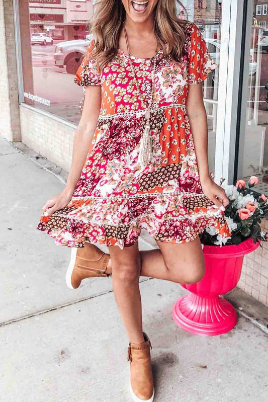 Multicolor Vintage Boho Print Short Sleeve Shift Dress