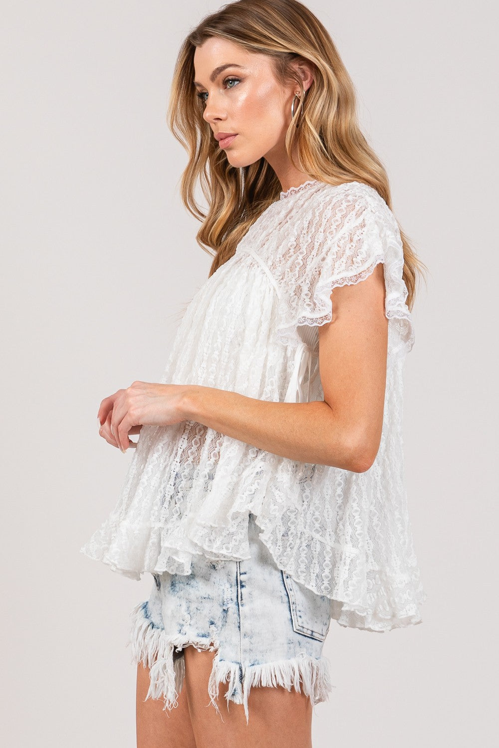 SAGE + FIG Round Neck Short Sleeve Lace Blouse