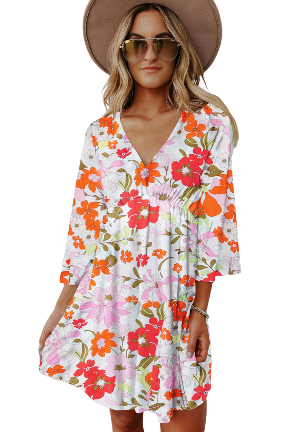 V Neck 3/4 Sleeve Floral Dress