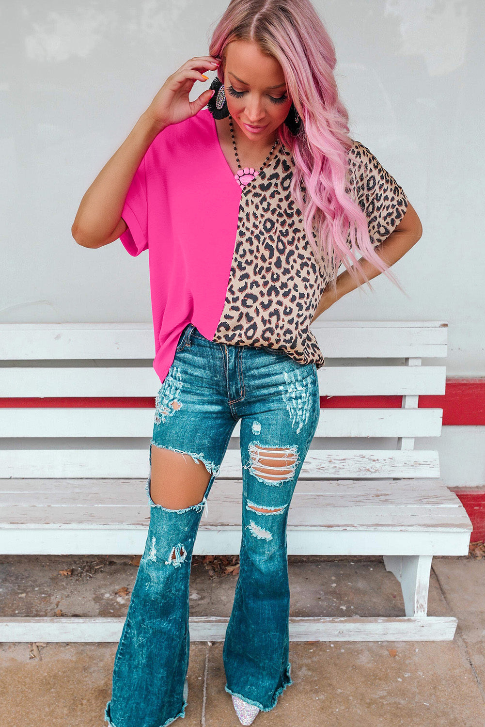 Contrast Leopard Color Block Blouse