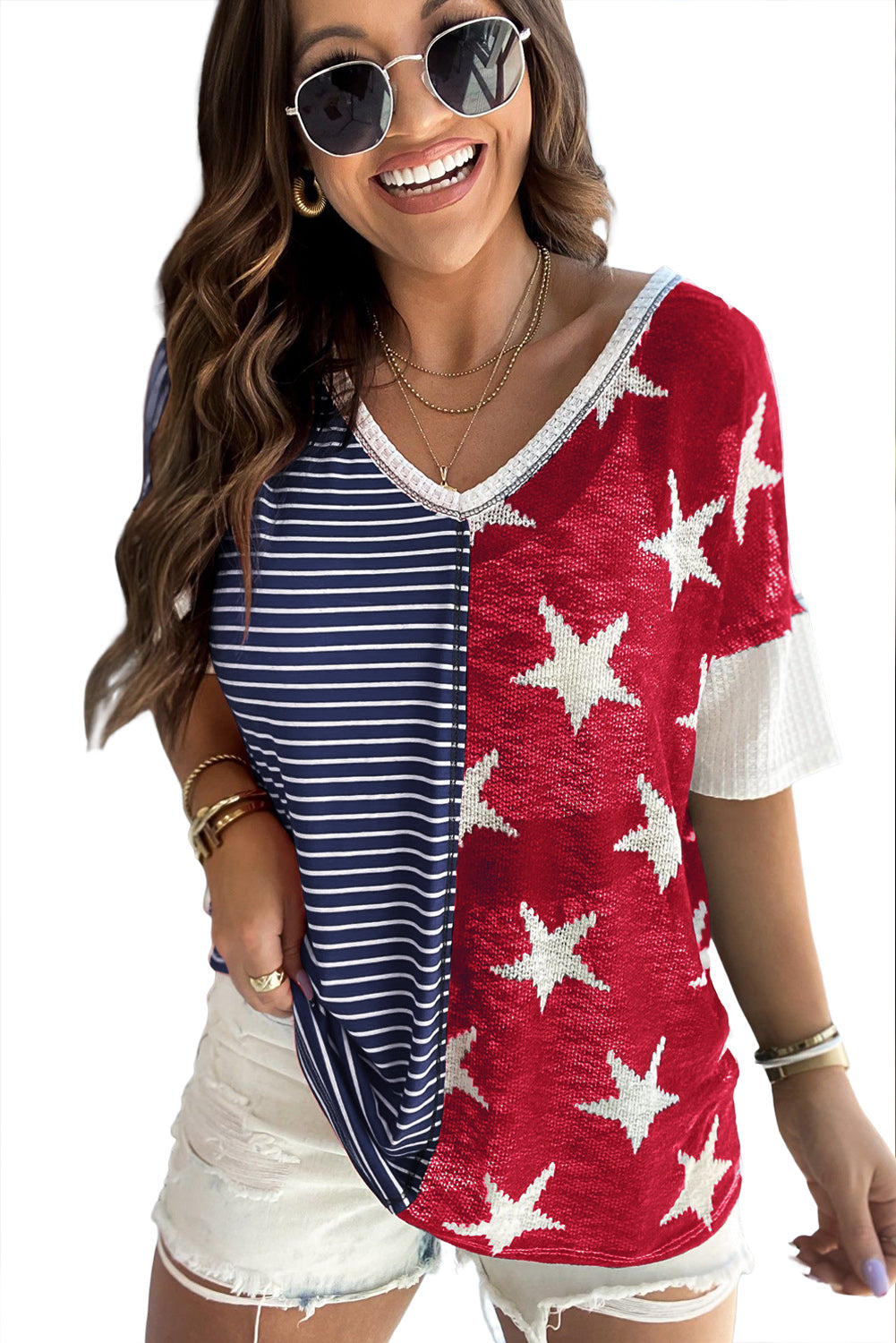 Stripes Stars Print Knit Short Sleeves Top