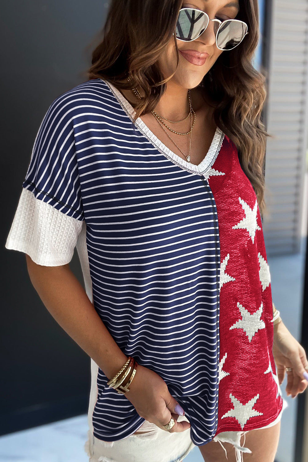 Stripes Stars Print Knit Short Sleeves Top