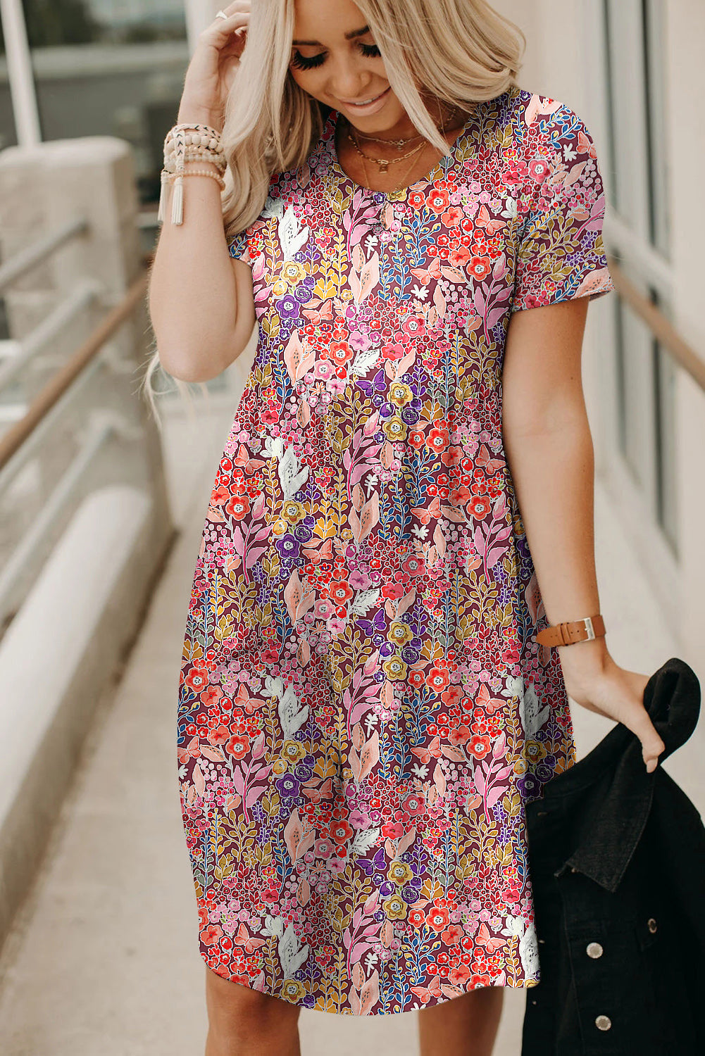 Floral Print Short Sleeve A-line Dress