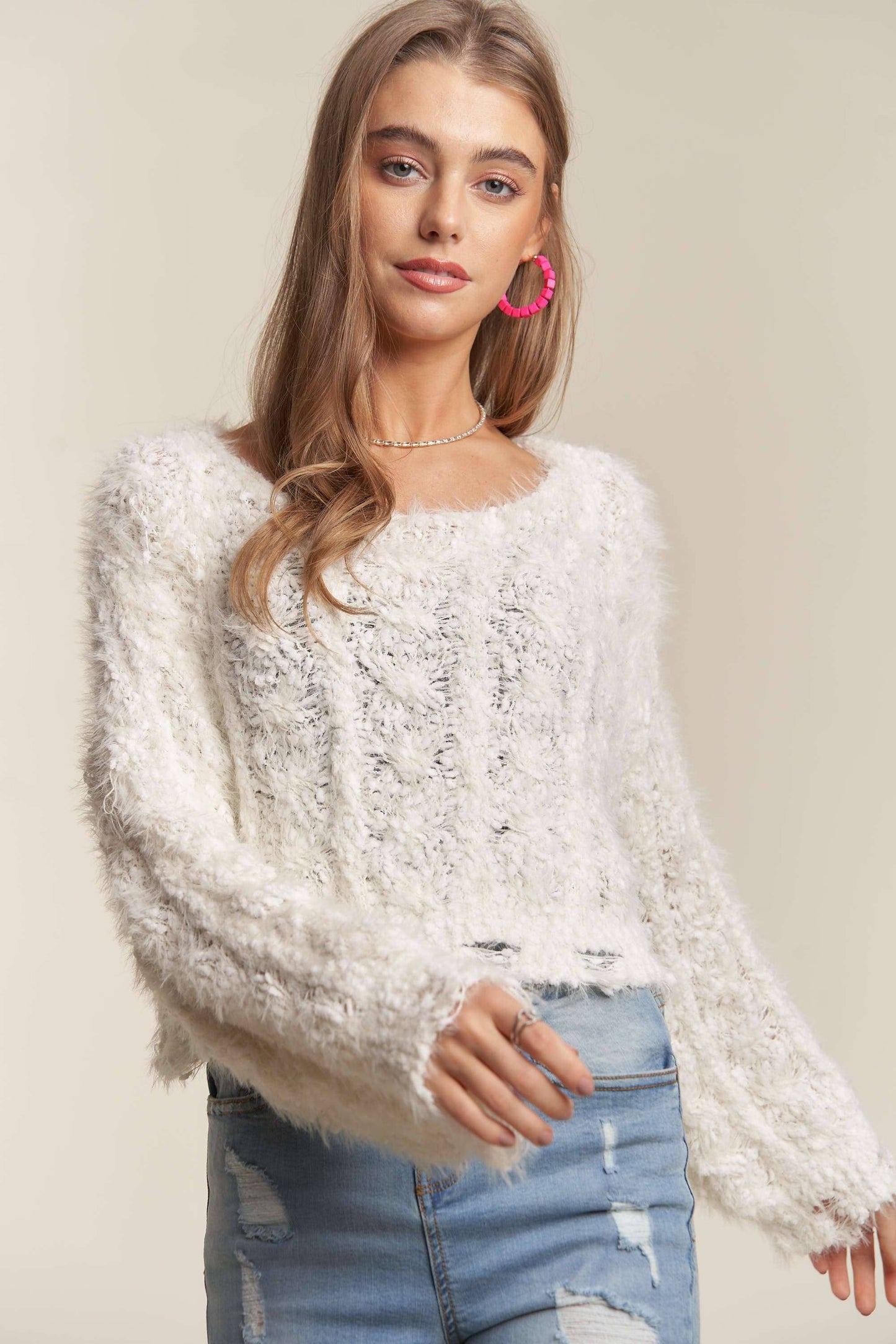 ADORA LA - CESW3446 - FRAYED HEM CROP SWEATER TOP: ONE SIZE / PINK