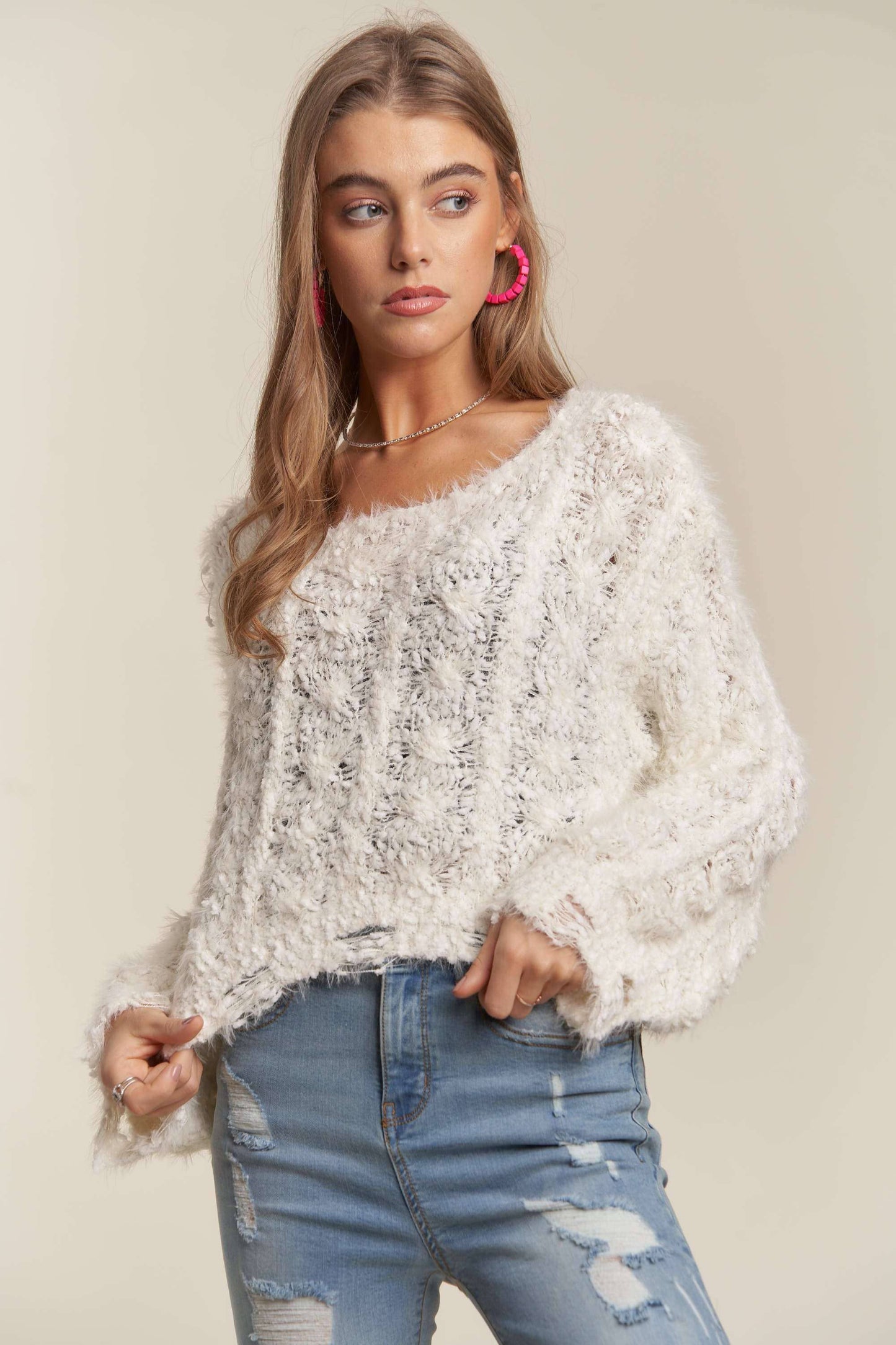 ADORA LA - CESW3446 - FRAYED HEM CROP SWEATER TOP: ONE SIZE / PINK