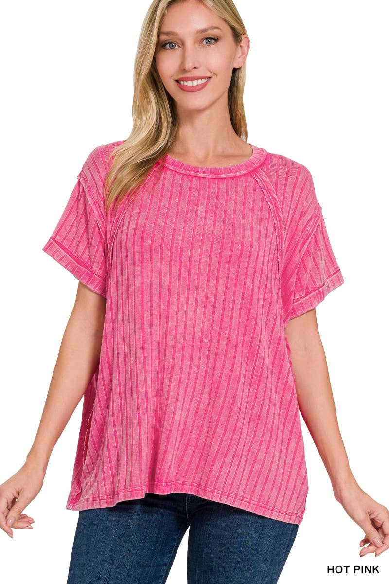 RIBBED RAGLAN DOLMAN SLEEVE BOAT-NECK TOP: CANDY PINK