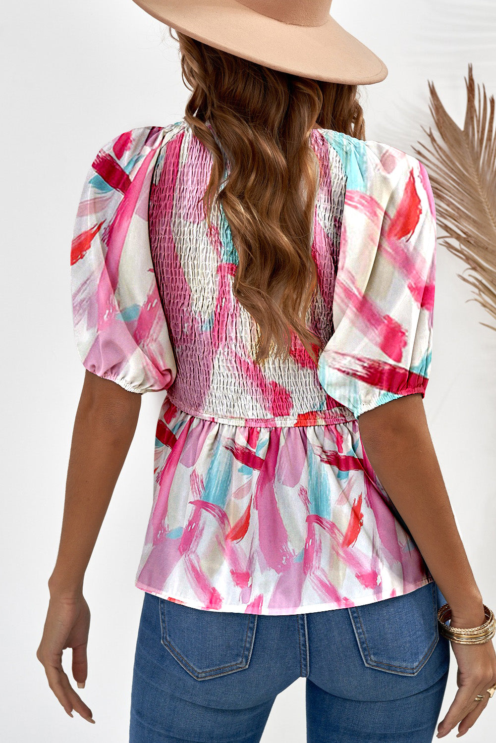 Abstract Print Puff Sleeve Peplum Top