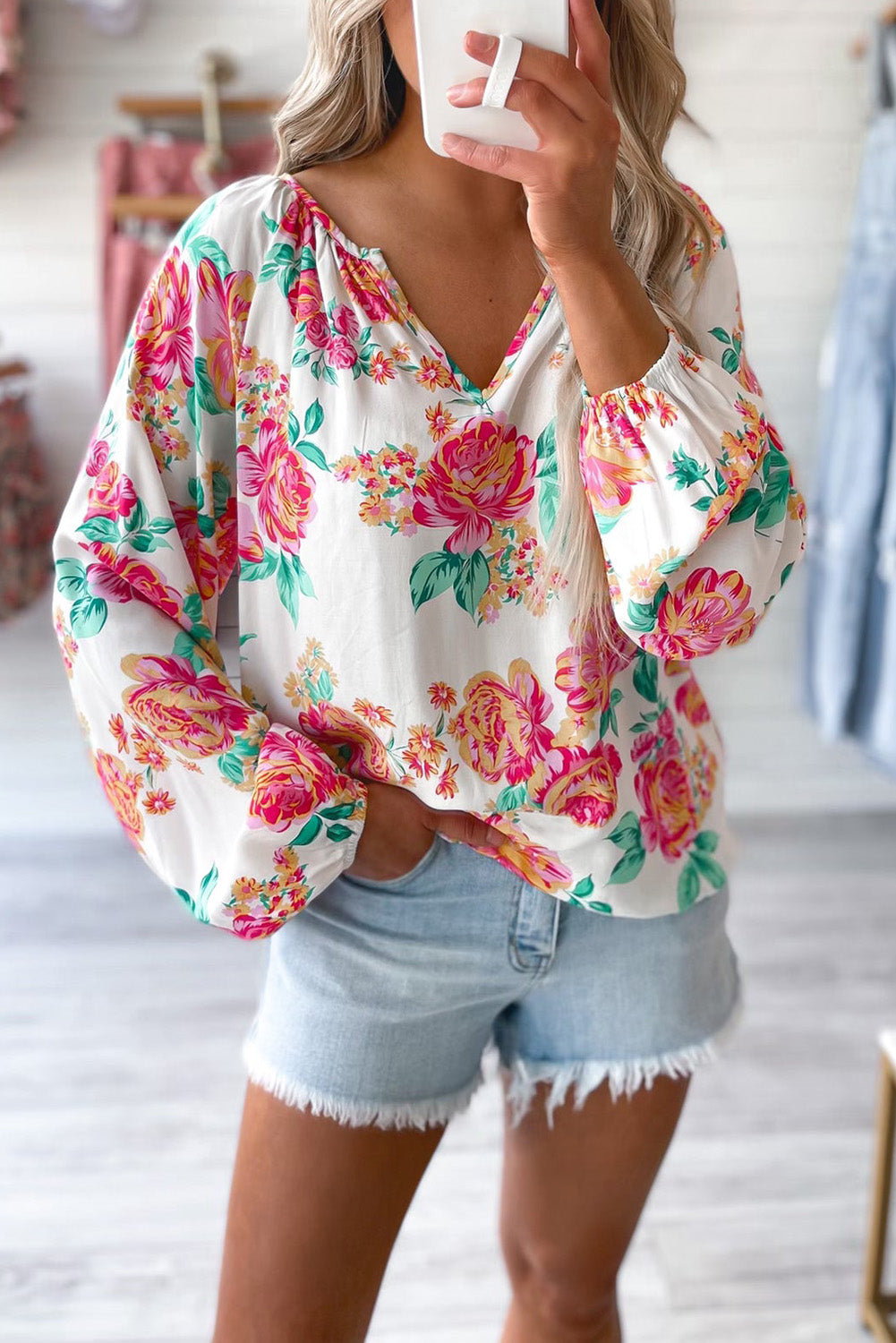 Notch V Neck Floral Pleated Puff Sleeve Blouse